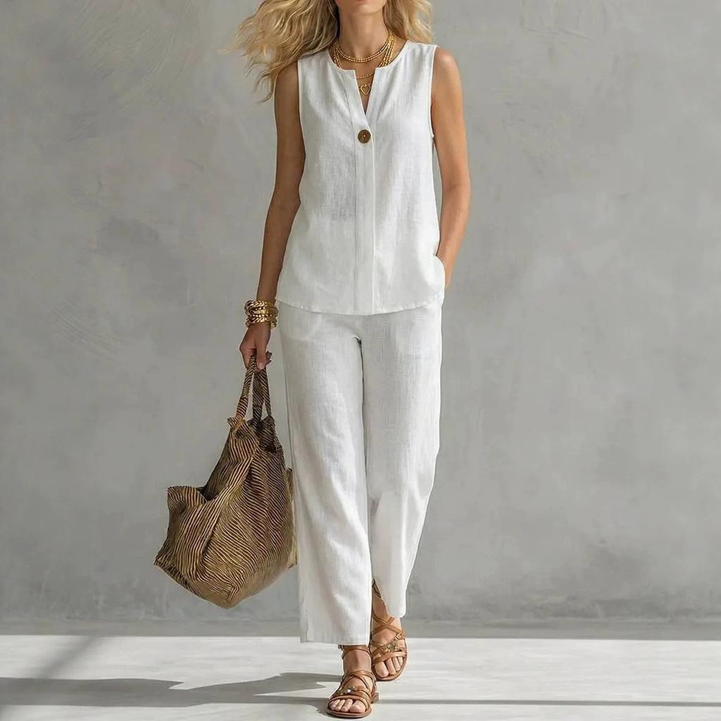Women Solid Color V Neck Sleeveless Linen Blend Two Piece Set Casual Wide Leg Pants Outfit