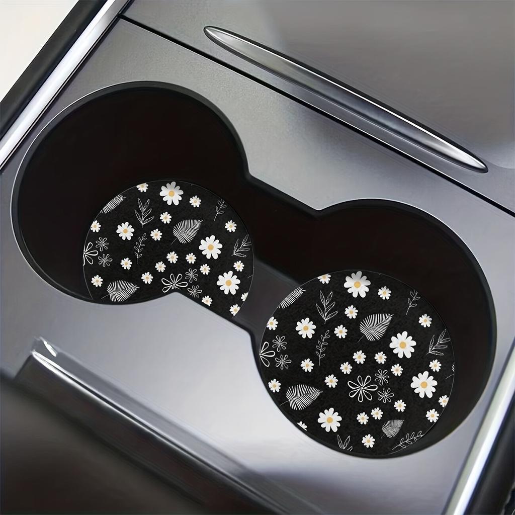 Set of 2 Daisy And Leaf Patterned Car Coasters - Interior Additions Specifically for Vehicles, Suitable for Both Cars And Home Tabletops