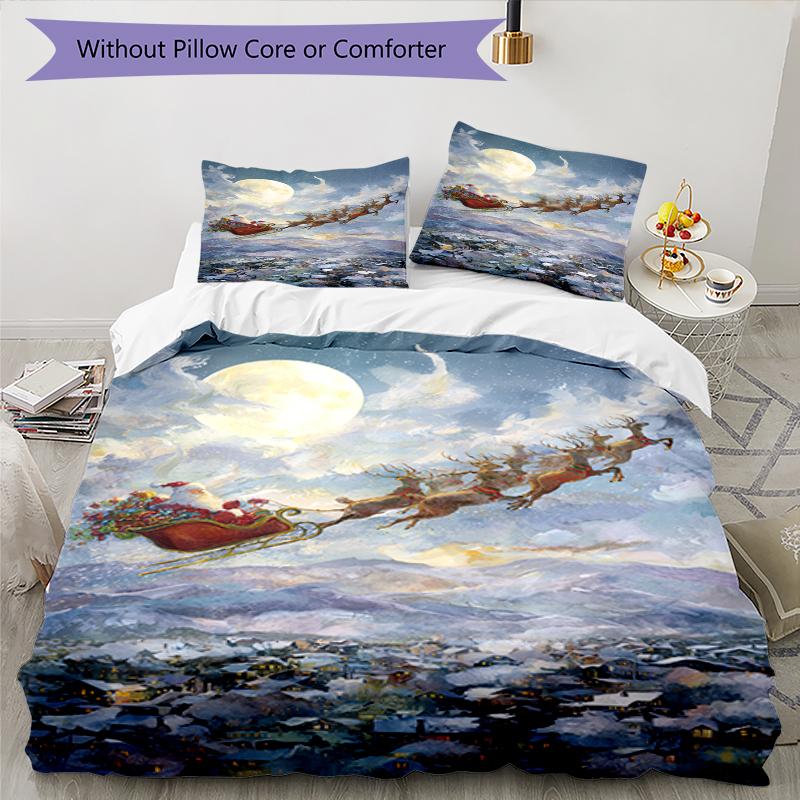 3pcs Christmas Santa Claus Bedding Set Duvet Cover Closure Includes 1 Duvet Cover & 2 Pillowcases, Soft and Comfortable for All Seasons.