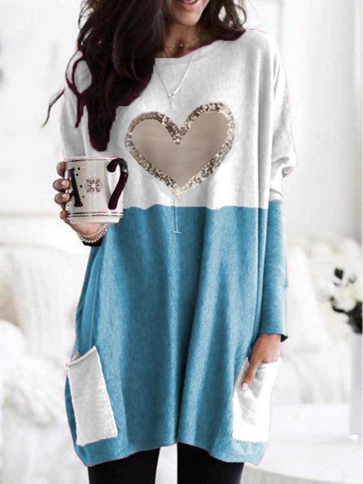 2026 Women Love Print Round Neck Tee Loose Long Sleeve Contrast Colors Wish