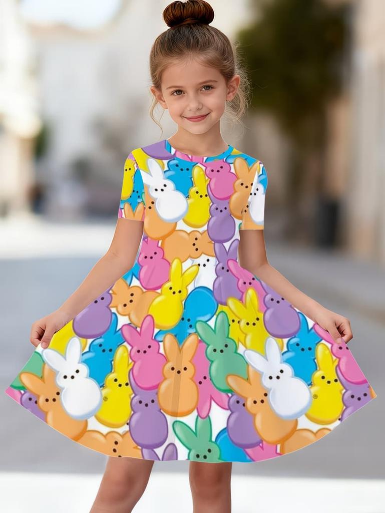 Girl Clothes Cute Rabbit Graphic Printed Girls' Princess Dress Summer Casual Dress for Girls Outfit O-Neck Birthday Gift Clothes