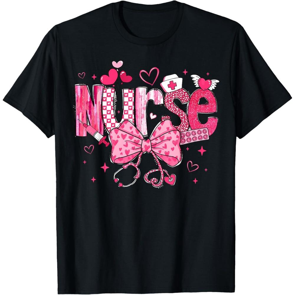 Nurse Valentines Day Cute Coquette Stethoscope Nursing Women T Shirt XL чёрный