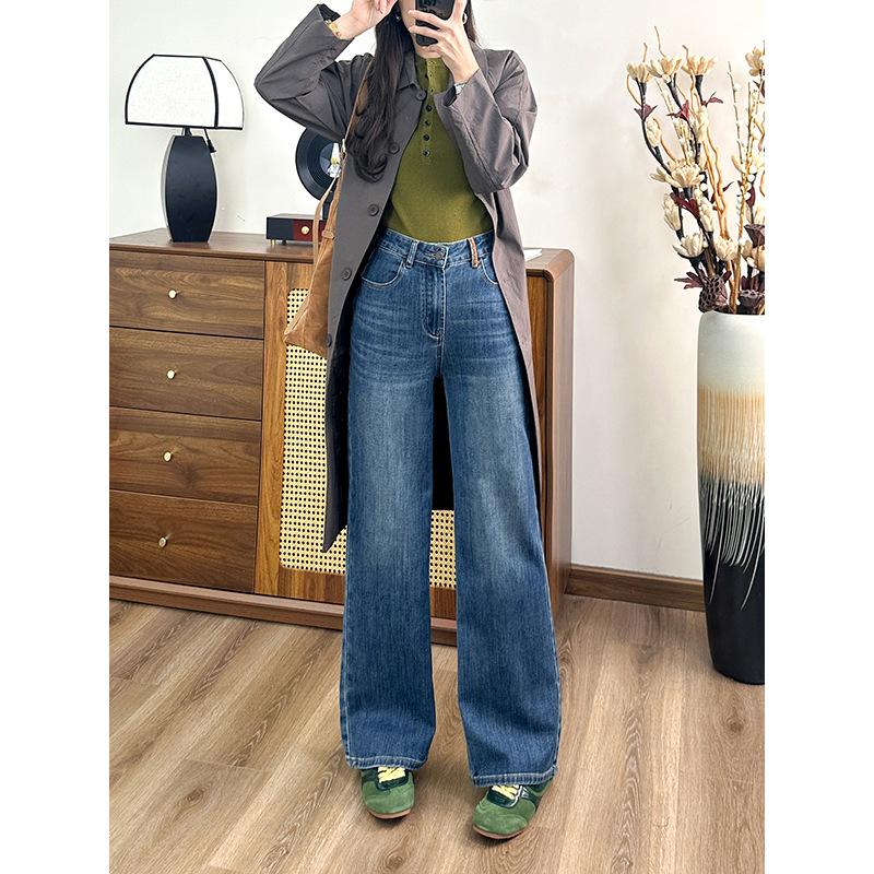 Women's High Rise Straight Leg Pants Regular Fit Embroidered Tencel Denim Jeans Vintage Washed Long Trousers