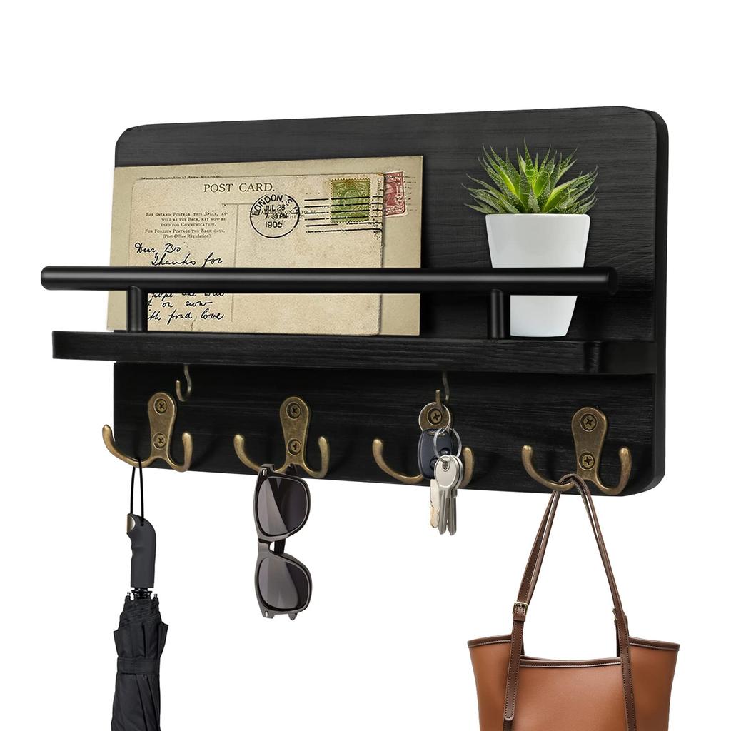 Wooden Key Holder and Mail Organizer for Entrance Decorative Wall Mounted Key Hangers Shelf Hanging Keys Sunglasses Dog Leash