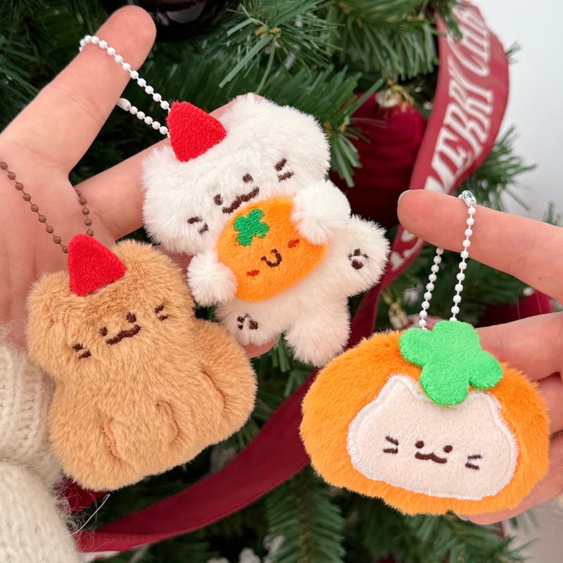 Cute Cartoon Persimmon Peanut Doll Keychain Kawaii Kitten Plush Hanging Ornament Bag Decoration Pendant Accessories Gift