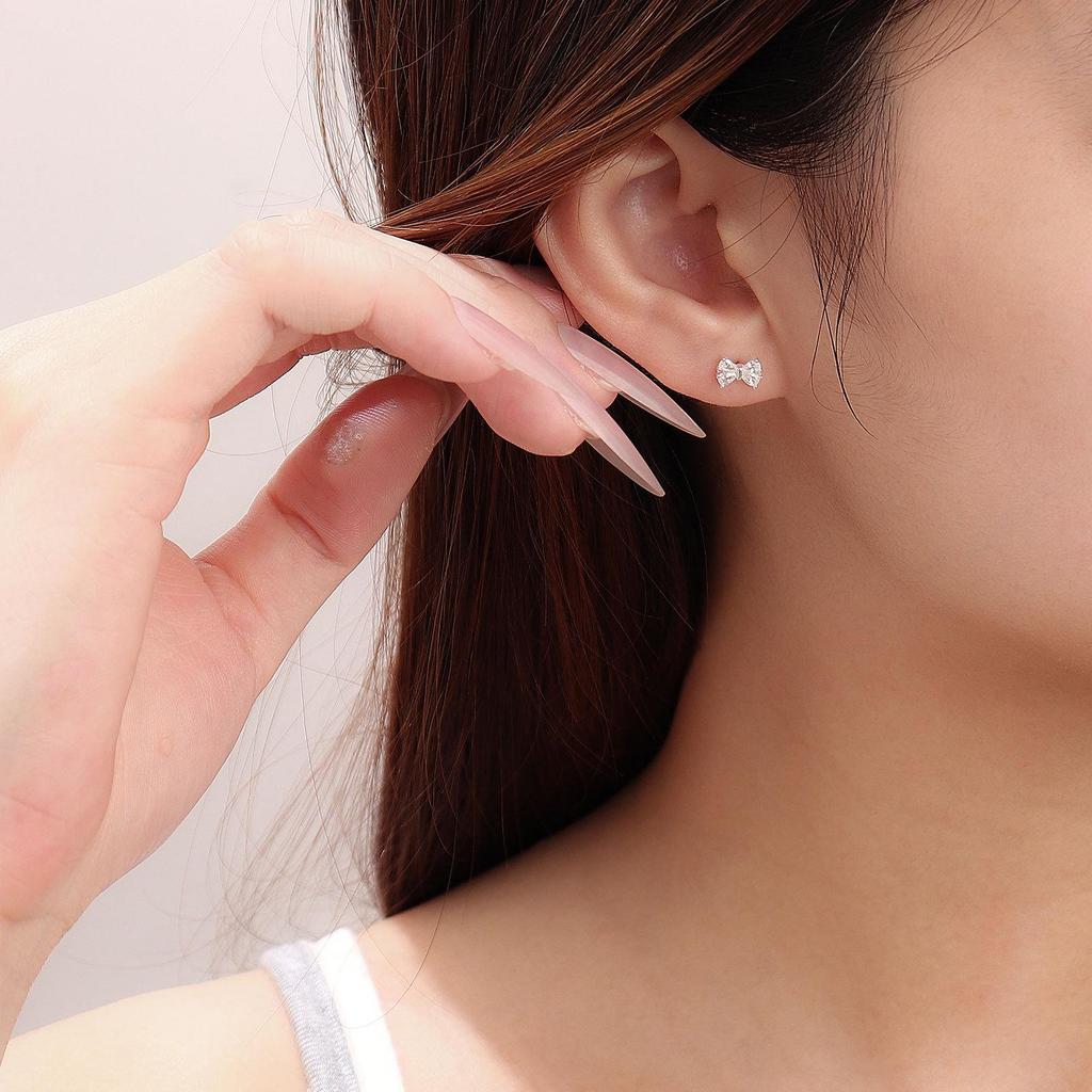 S999 Sterling Silver Bow Zirconia Light Luxury Ear Care Versatile Earrings