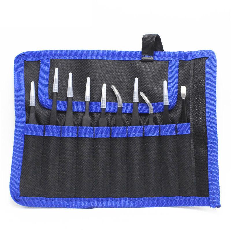 10/11pcs Complete Set of Industrial Tweezers, Stainless Steel Precision Bending Straight Tweezers, Anti-static ESD Maintenance T