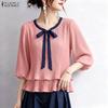 Women Elegant Casual Round Neck 3/4 Sleeve Loose Pleated Blouse