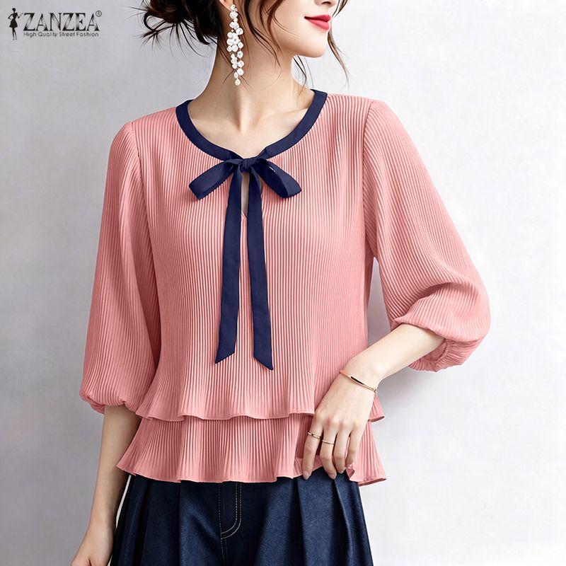 ZANZEA Women Elegant Casual Round Neck 3/4 Sleeve Loose Pleated Blouse