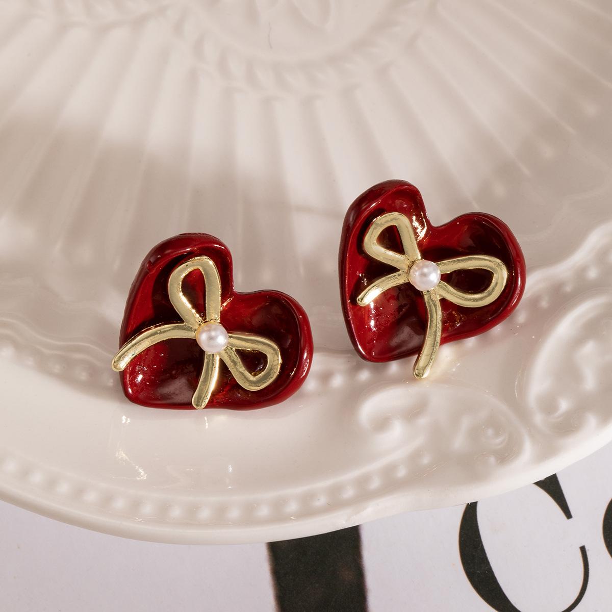 Ankola Red Bow Love Pearl Stud Earrings, Autumn And Winter Light Luxury High-End Sense Fashion Temperament Earrings Women