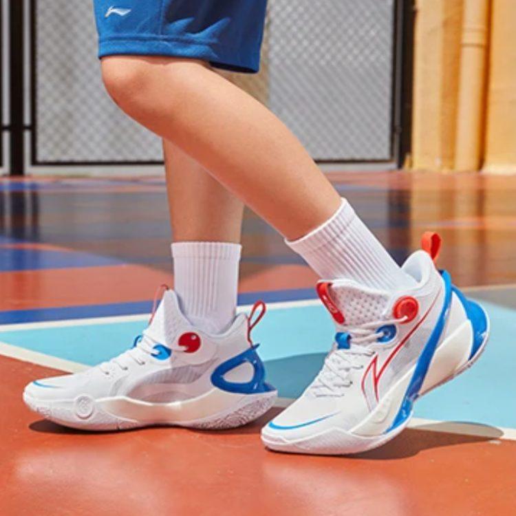 Li Ning Sonic 10 Youth Edition Abrasion Resistant Breathable Mid top Children's Basketball Shoes White Blue ABPS013-4
