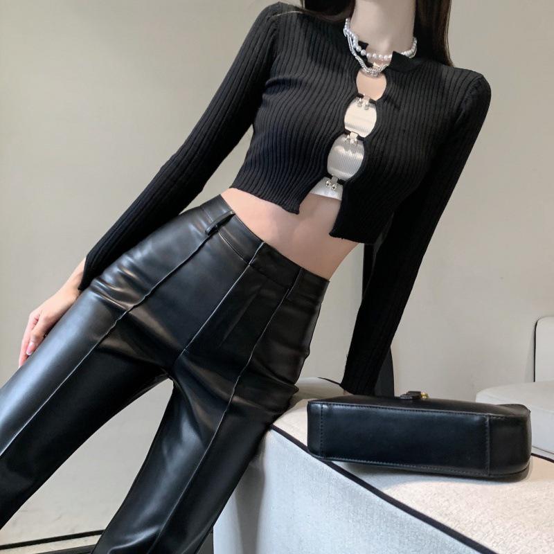 2023 Women's High-Waist Black Leather Wide-Leg Pants: Slim, Casual, and Drape-Effect Trousers