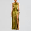 Women's Colorpleated Split Tie Neck Dress Sleeveless Backless