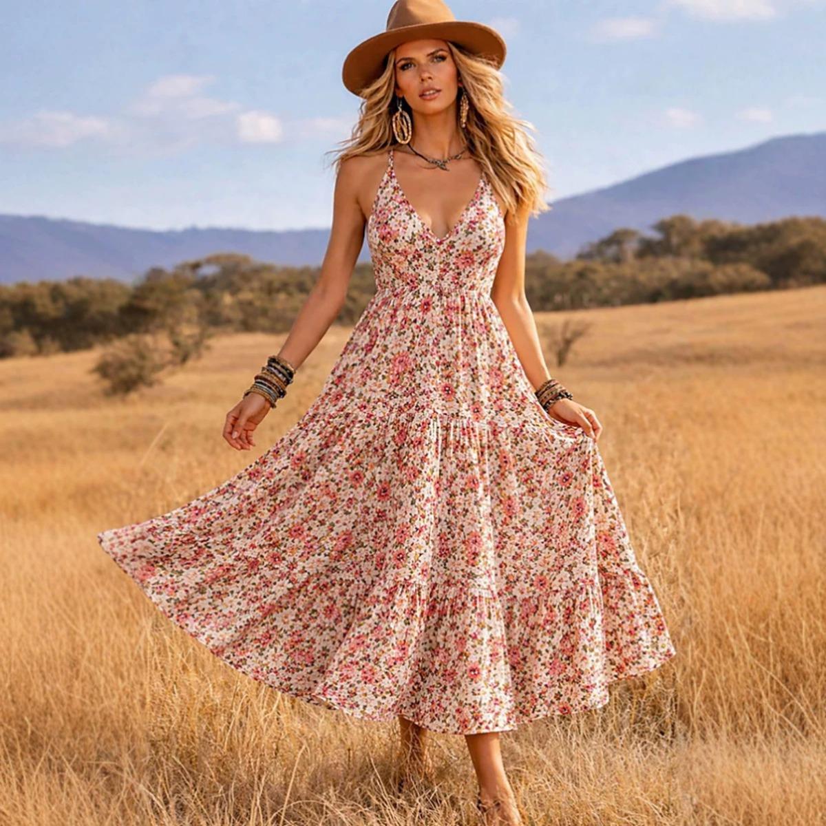 Summer Women s Sexy V-Neck Small Floral Print Spaghetti Strap Dress, Casual Floral Sundress For Women, European American Style S