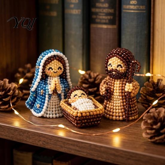 Family Parent Child Activity 3D Nativity Bead Craft Kit for Christmas Decoration, DIY Beaded Winter Holiday Ornaments Scene Figurine Set Adults