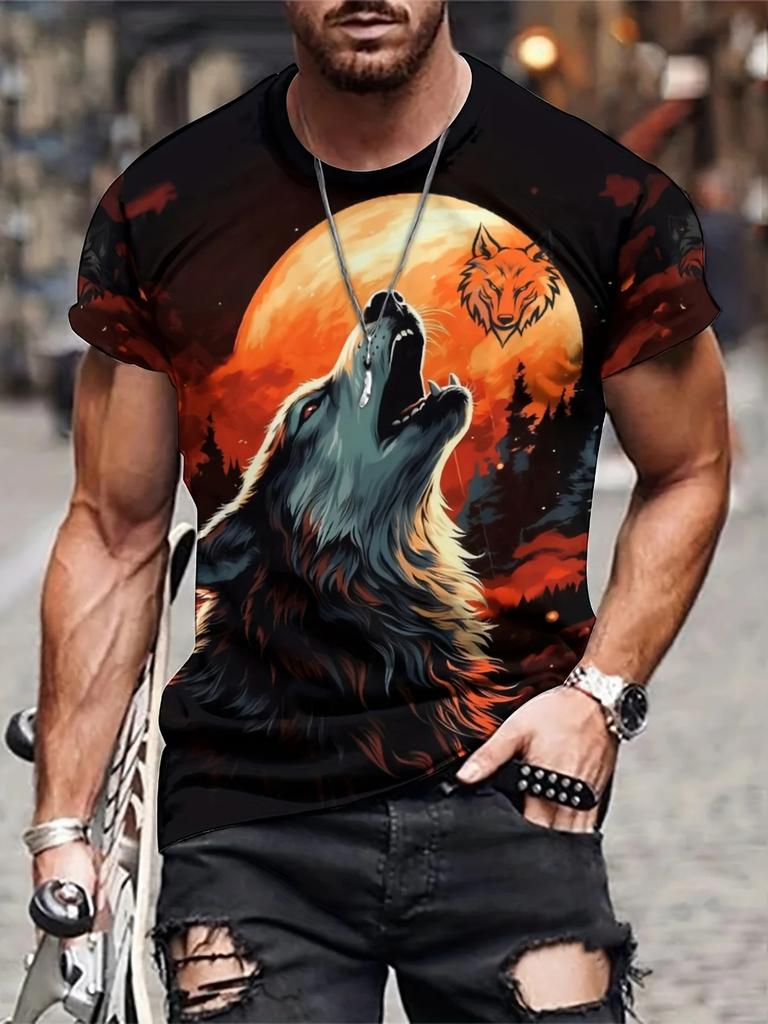 2024 New Animal T-Shirt For Men's Lion Tiger Wolf Printed Oversized T-Shirt Summer Men's Short Sleeve Tops Hawaii