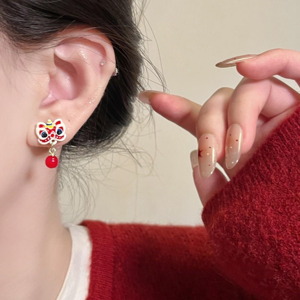 Cartoon Lion Dance Ear Studs Awakened Lion Drop Earrings Retro Tassel Lion Dance Earrings  Wedding