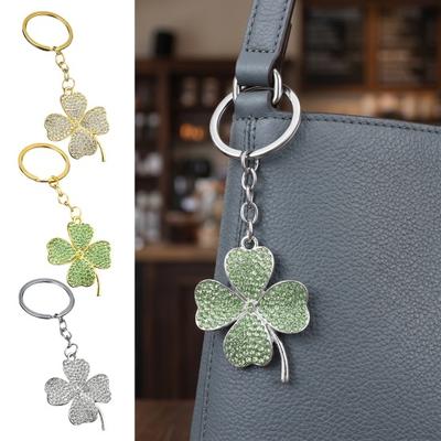 Keychain Pendant Sparkling Rhinestones Inlaid Four-Leaf Clover Design Zinc Alloy Key Chain Electroplated Metal Ring Key Holder Backpack