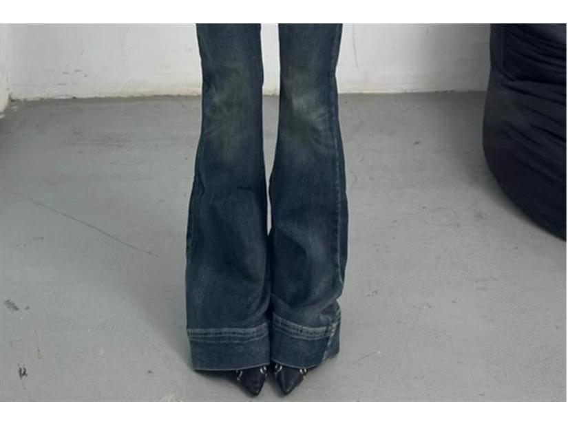 Women's American Spicy Girl Low-Rise Distressed Flare Jeans - Designer Feel, Floor-Length Elastic Fit