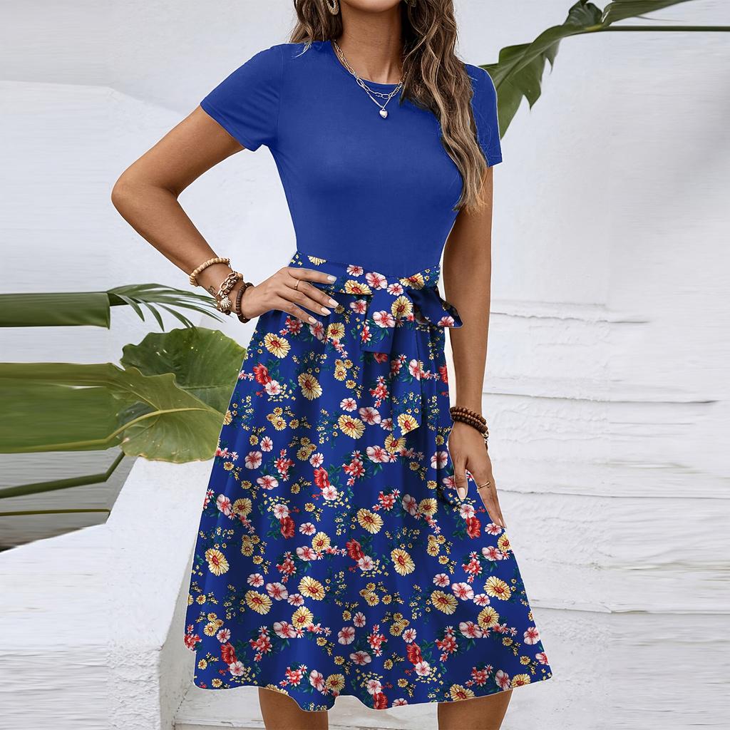 Women's Fashionable Retro Patterned Printing Color Blocked Belt Casual Dress