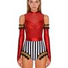 Adult Circus Ringmaster Bodysuit Sequined Patchwork Ruffled Hem Leotard and Metallic Gloves for Halloween Dress Up Party
