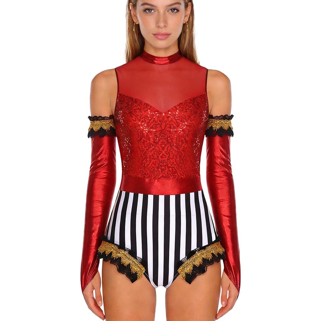 Adult Circus Ringmaster Bodysuit Sequined Patchwork Ruffled Hem Leotard and Metallic Gloves for Halloween Dress Up Party
