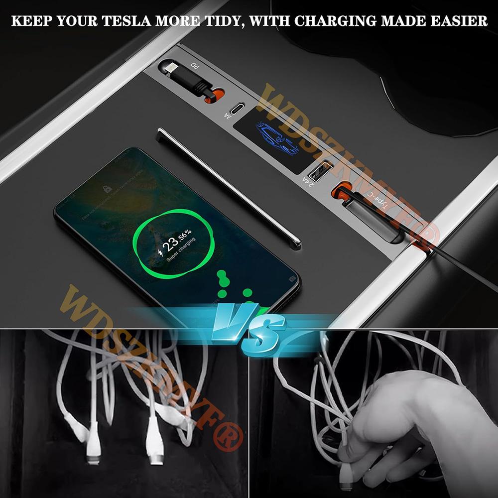 4in1 Center Console USB Hub Compatible for Tesla Model 3 Model Y Accessories 2025-2025 Fast Charge with Retractable Cable