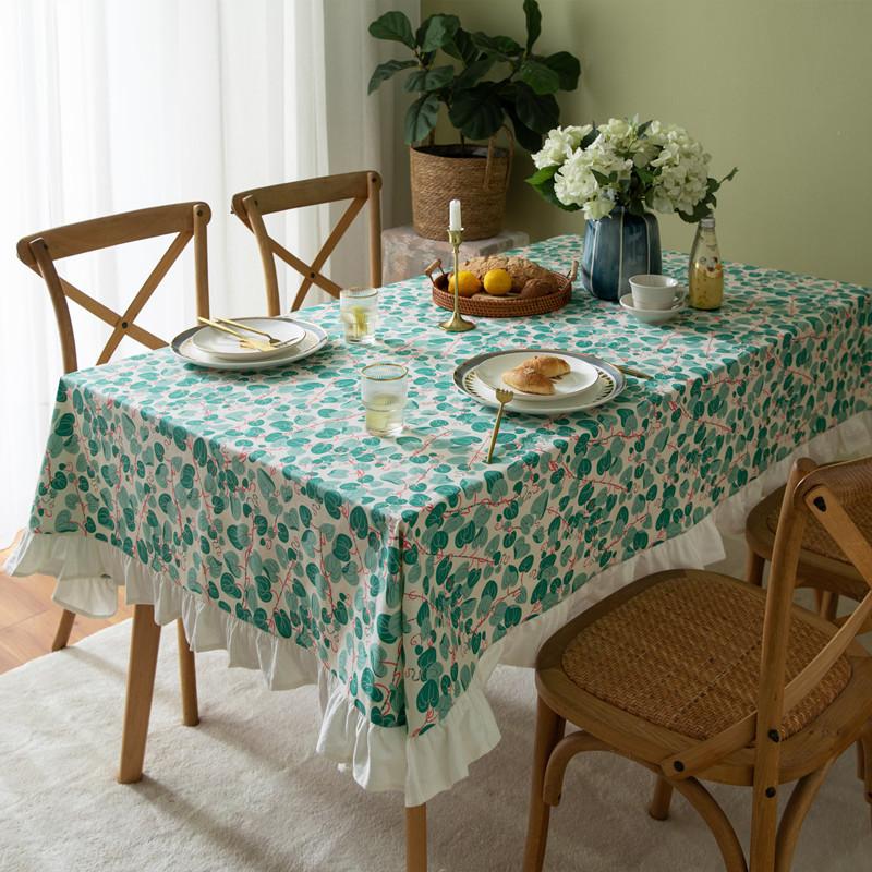 Cotton Printed Small Fresh Green Plants Spring Flowers Leaves Lotus Leaves Edge Fungus Edge Coffee Table Tablecloth Dining Table Cloth