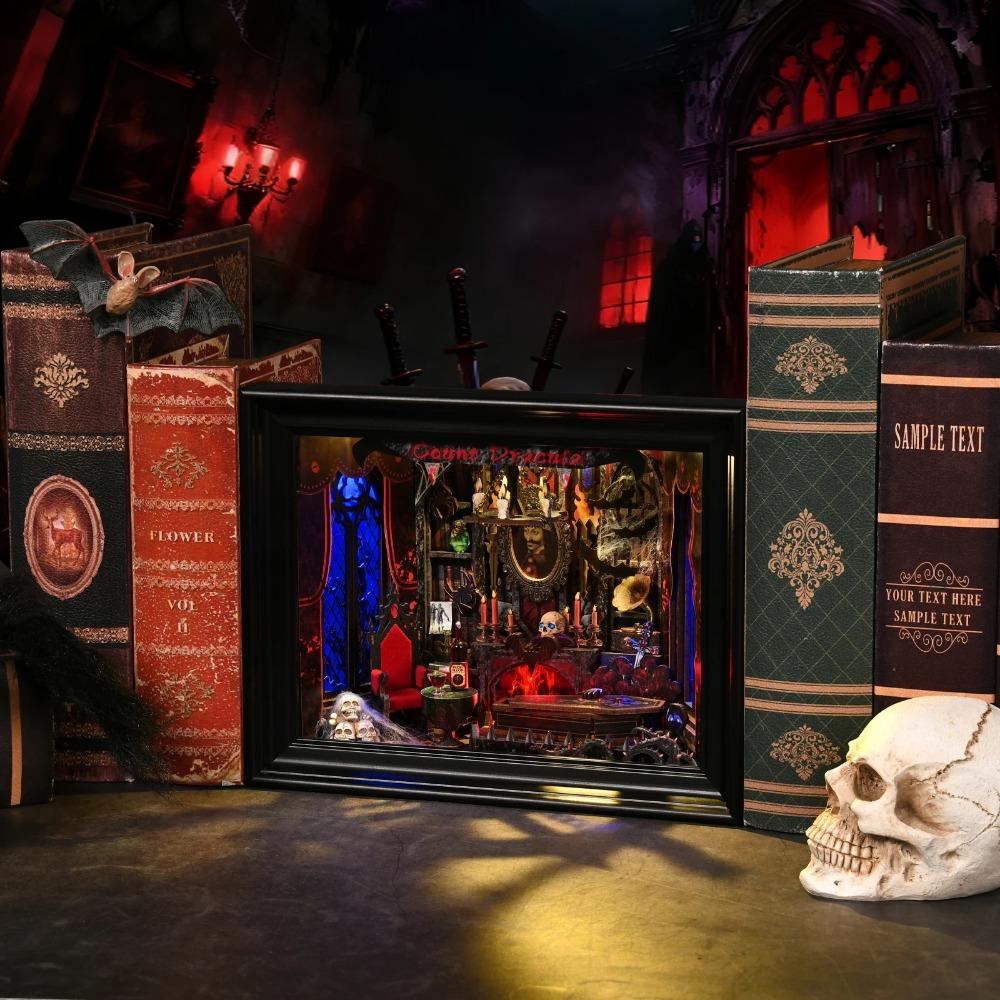 DIY Boghjørne Sæt Vampire Dracula Træ Boghandel Dukkehus med Lys Bogreol Indsats 3D Puslespil Dekoration til Gave