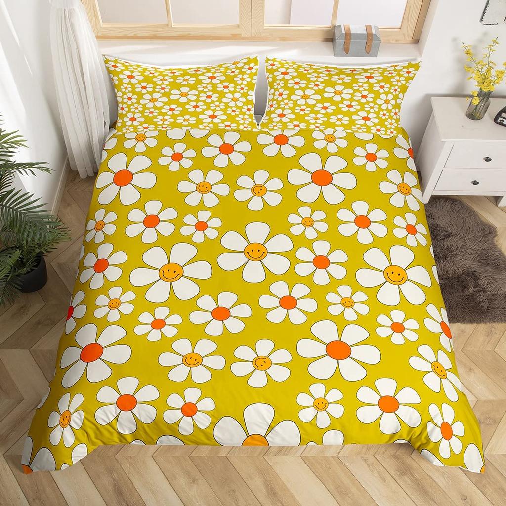 Bettdecke Retro Blumen Aquarell Gelb Floral Grüne Blätter Pflanze Bettdecke Und 2 K Bunter Stil Bettwäsche-Set