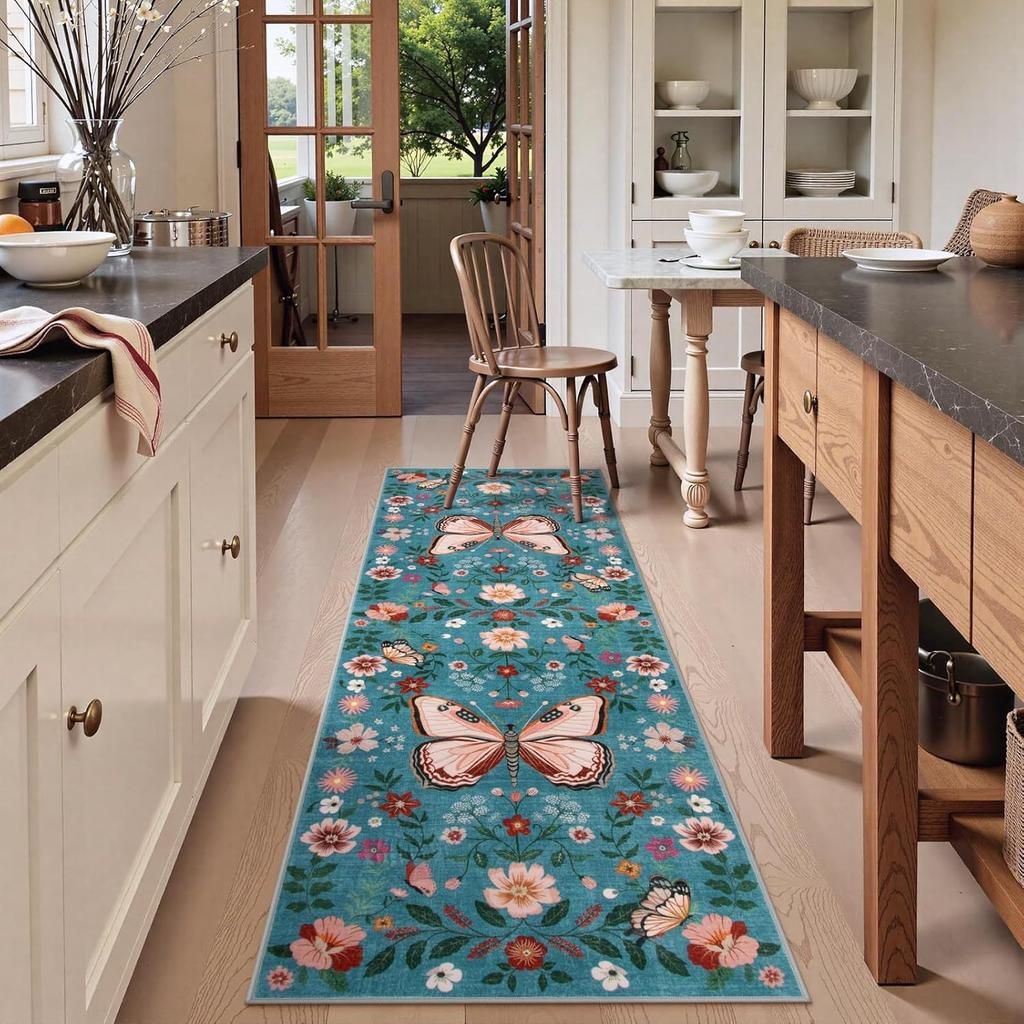 Black Floral Butterfly Area Rug with Pink Yellow Red Flowers Non-Slip Rectangular Carpet for Living Room Decor Soft Floor Mat
