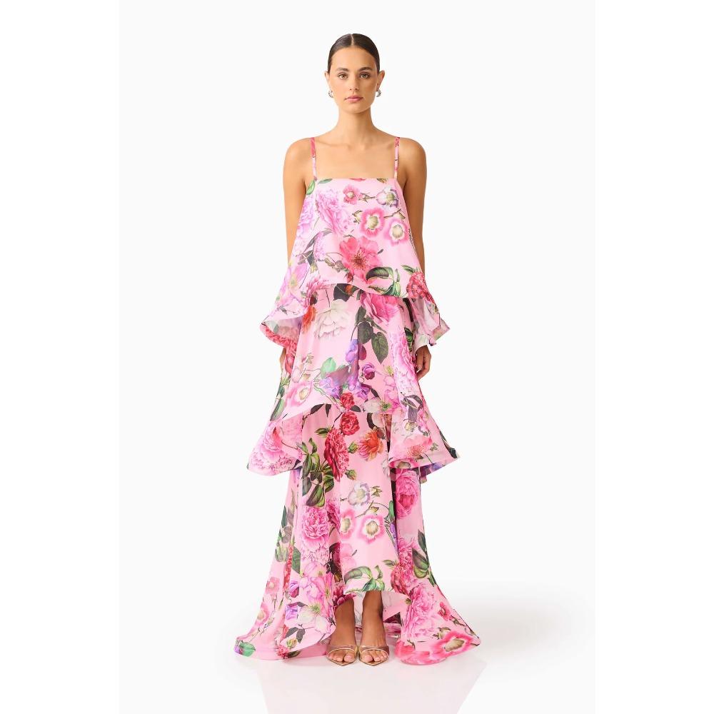 

European and American Summer Fresh and Sweet Printing Multi-layer Cake Long Suspender Dress 125 S розовый