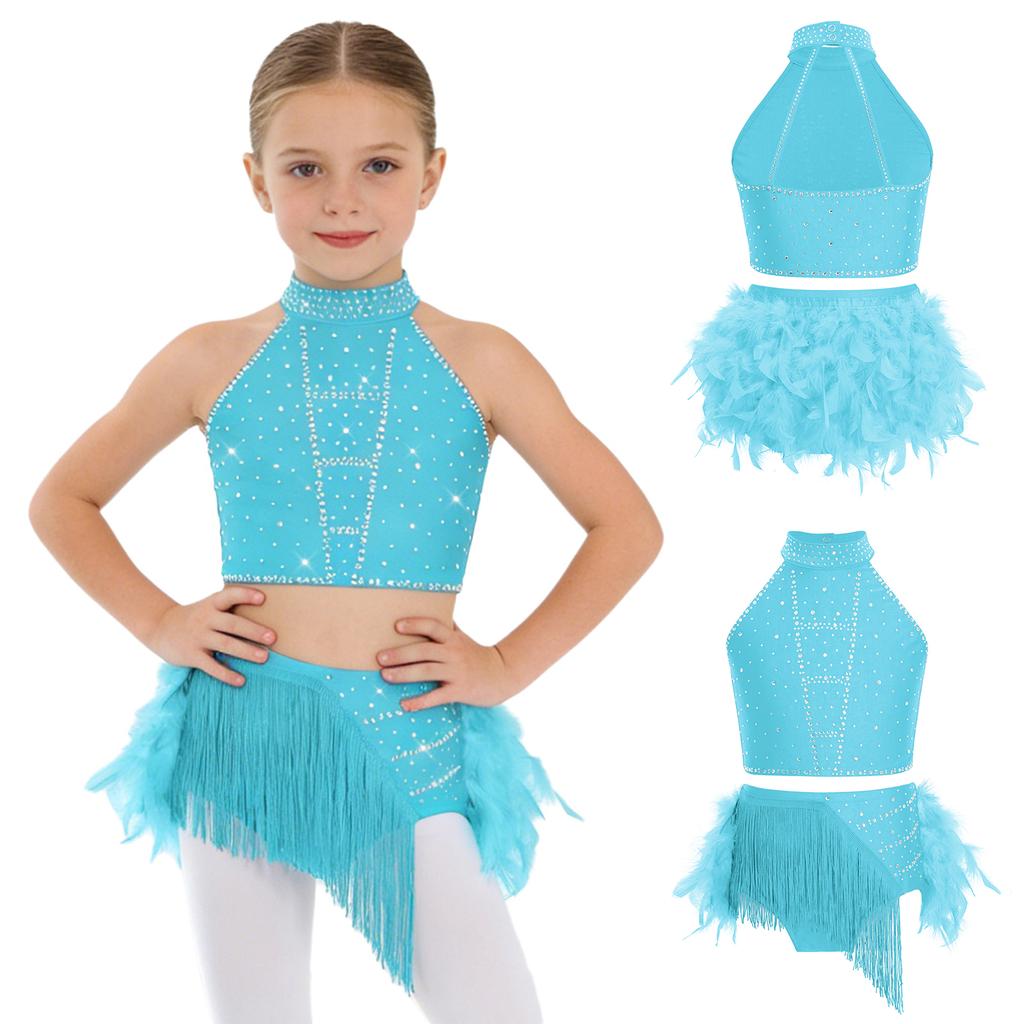 Kids Girls Latin Dancewear Halter Sleeveless Strappy Back Crop Top with Elastic Waistband Tassels Feather Skirt for Samba Rumba Cha-Cha Show