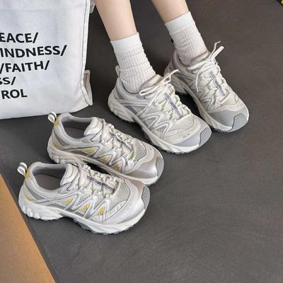 Leather Mesh Dad Shoes Women's Thin New Summer Breathable Hiking Shoes Versatile Platform Casual Sports Shoes