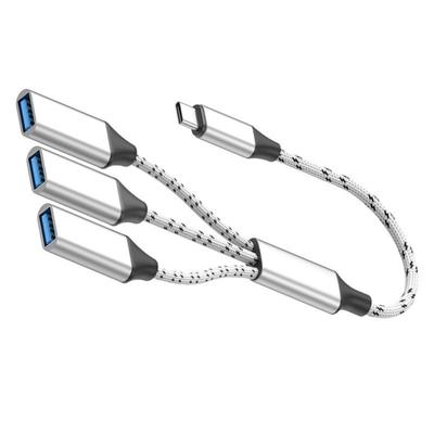 USB C To 3 Port USB 2.0 Hub OTG Adapters Braided Cable Data Transfer for Phone Tablet Laptop Charging Multiple Devices
