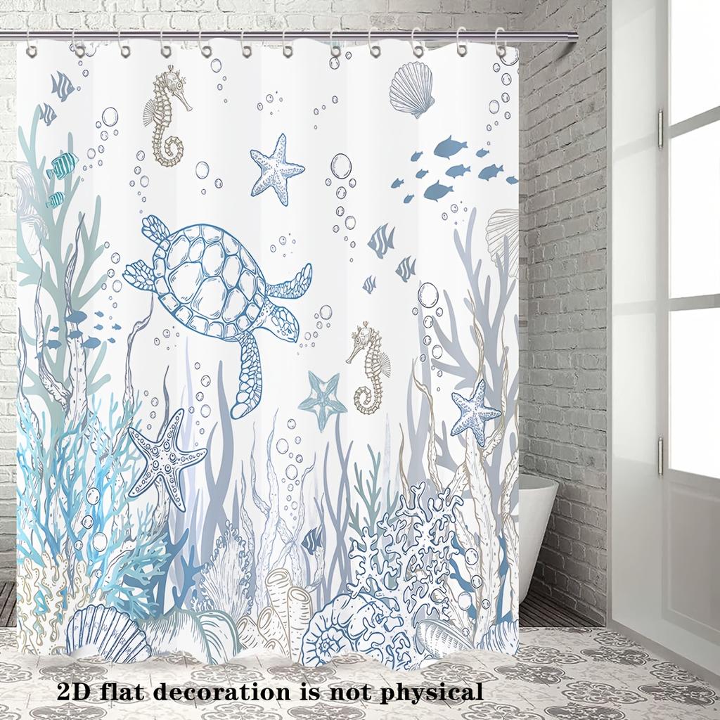 2D Flat, 2D Flat, 2D Flat Banner Featuring an Oceanic Turtle And Coral Reef Shower Curtain - Includes a Blue Sea Turtle And Star