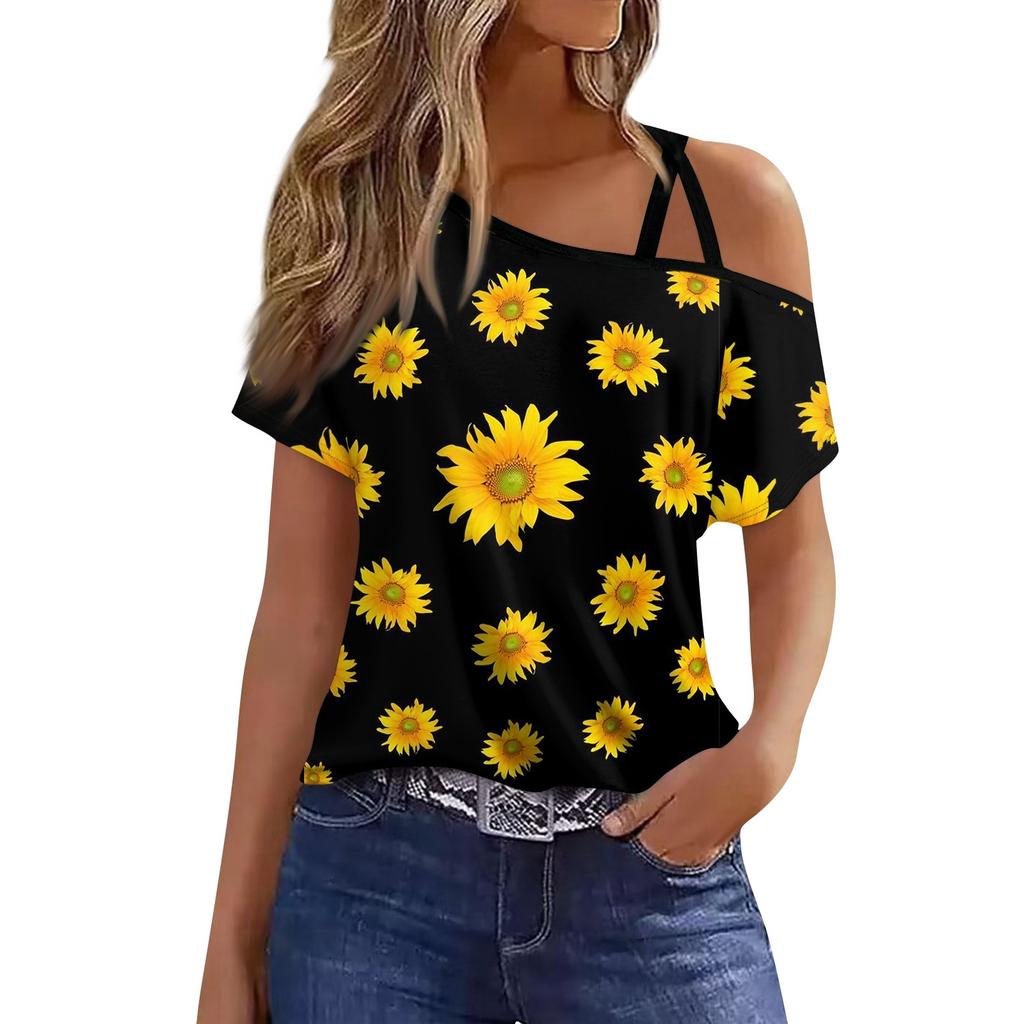 Dámská móda Ležérní potisk Sexy triko s krátkým rukávem se studeným ramenem