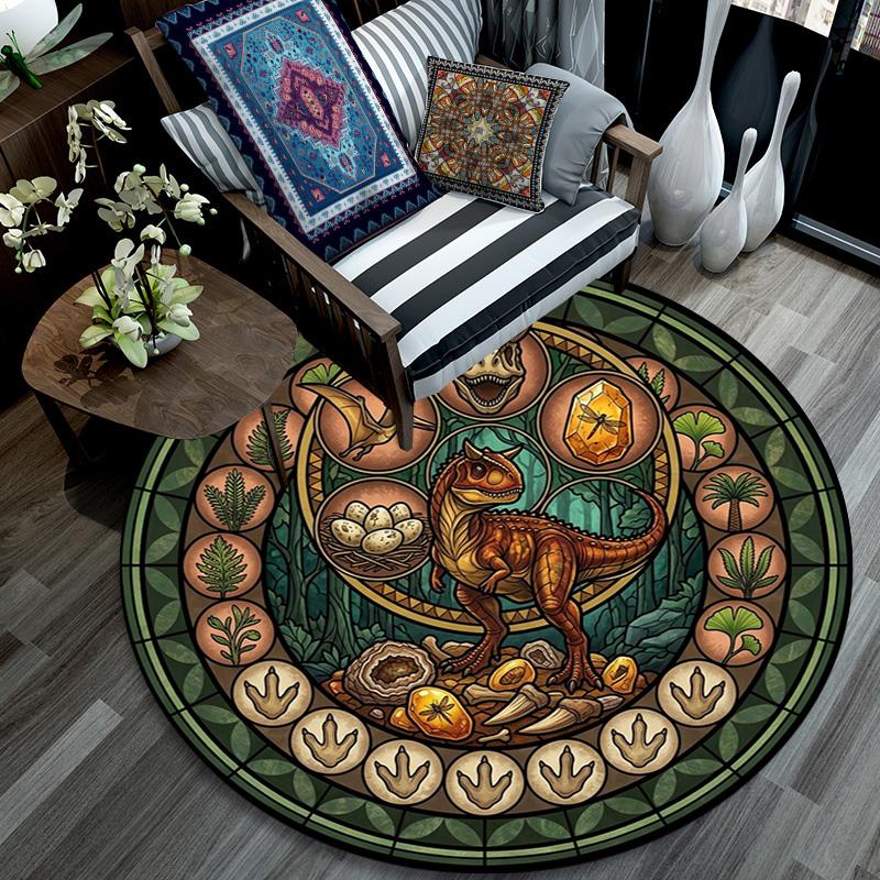 Dinosaur Glass Art Round Area Rug Under Office Chairs Bedroom Living Room Home Decor 80cm x 80cm