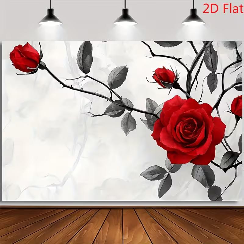 2D Artistic Black and White Red Rose Backdrop for Live Streaming & Decoration