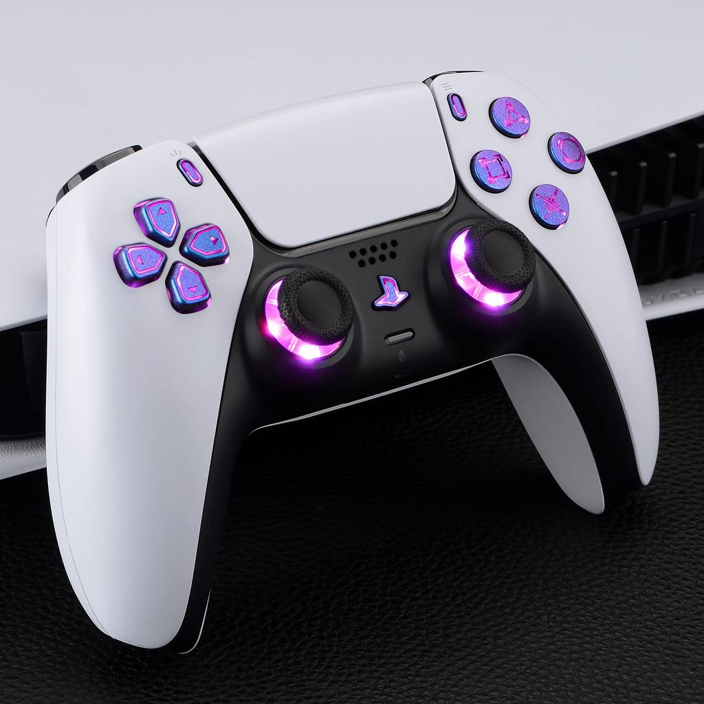 EXtremeRate leuchtende Thumbstick-Share-Option für PS5-Controller Home-Face-Taste für PS5 PS5-Controller leuchtende DTF-LED in sieben Farben und neun