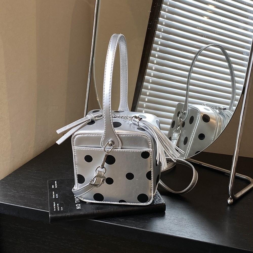 Versatile Elegant Women Polka Dot Handbag Magic Box Shape Zipper Closure Clutch Bag Soft Leather Square Bag