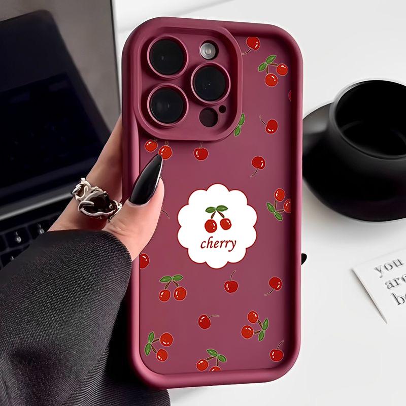 For iPhone 16 Pro 15 14 Plus 13 12 Pro Max 11 Xs Xr 8 7 Kirsebærmønster Matt Støtsikker Myk Tpu Linsebeskyttelse Anti-Fall Godterifarge Deksel