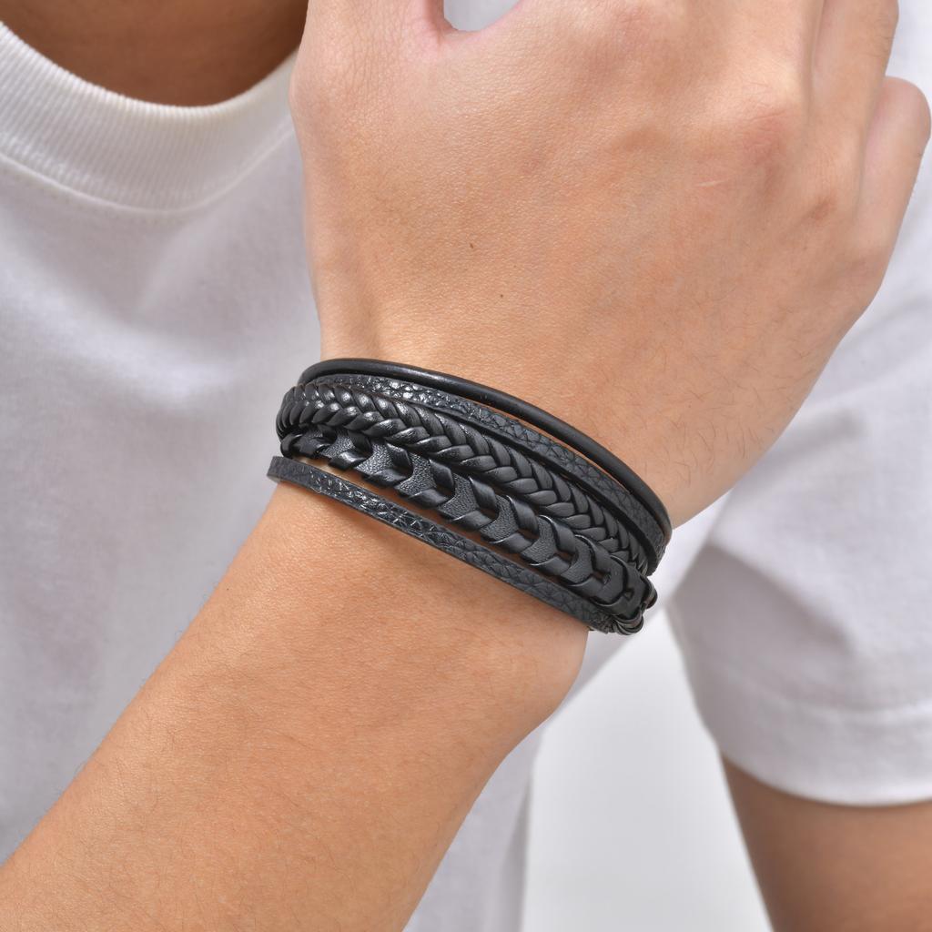 Black Multi Layers Leather Bracelet for Men,Metal Tube Charm Handmade Braided Rope Leather Bracelet,Gift for Husband Dad Son