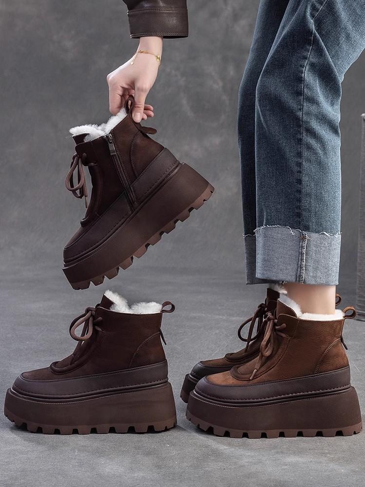 Fashion GKTINOO 6.5cm Genuine Leather Snow Boots Platform Warm Winter Ankle Boots Women Natural Wool Fur Booties Thick Sole Shoes