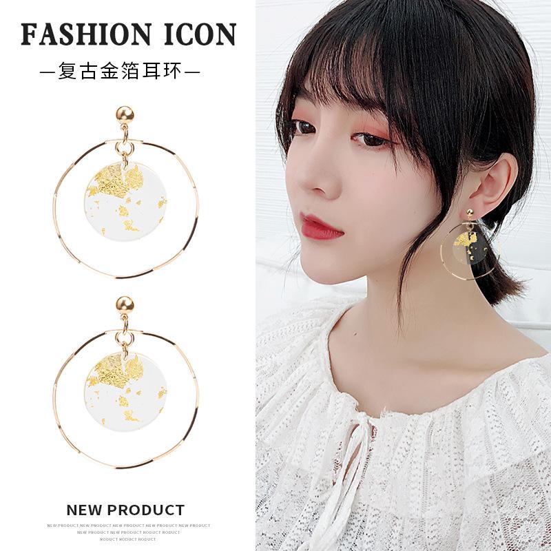 925 Retro Gold Foil Transparent Acrylic Exaggerated Circle Earrings, Fashionable Wavy Round Stud Earrings