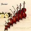 Miniature Violin Figurine Wooden Mini Model with Stand Playable Tiny Ornament Musical Instrument Home Office Desktop Decoration Polished Wood