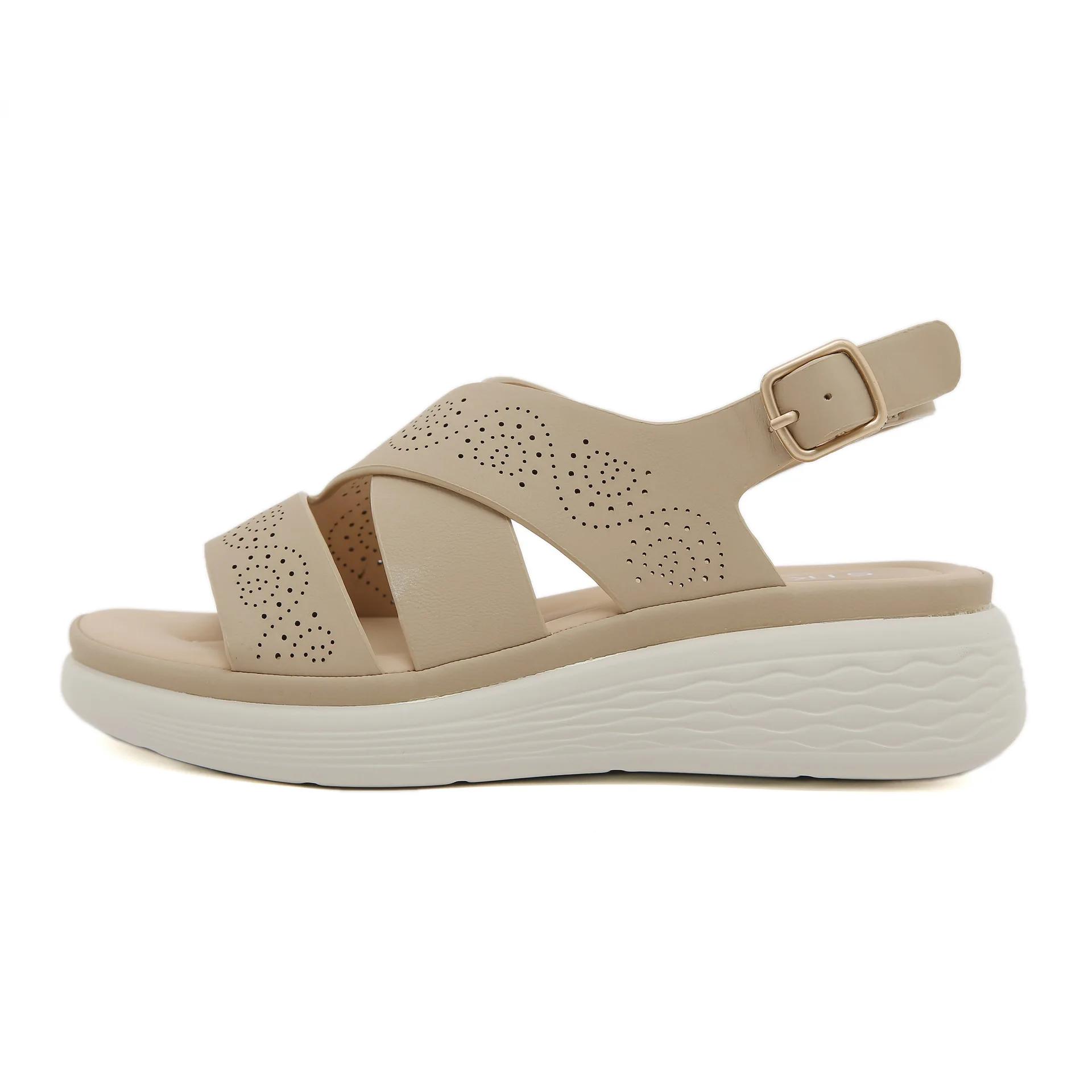 

2025 Летняя обувь Босоножки на танкетке Плоская платформа Модная женская праздничная обувь Каблук-танкетка 4 см Большой размер 41 Розовый Черный 35 абрикосовый