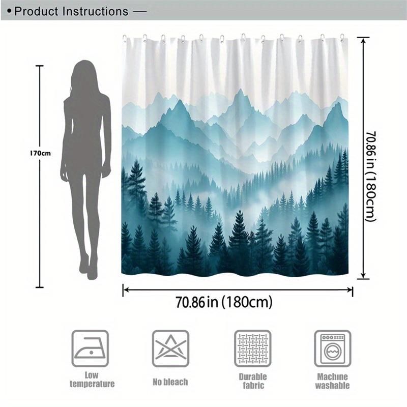 1 Realistischer Berglandschaft Duschvorhang - Kiefern, neblig blaue Berge Design, Polyestergewebe, maschinenwaschbar