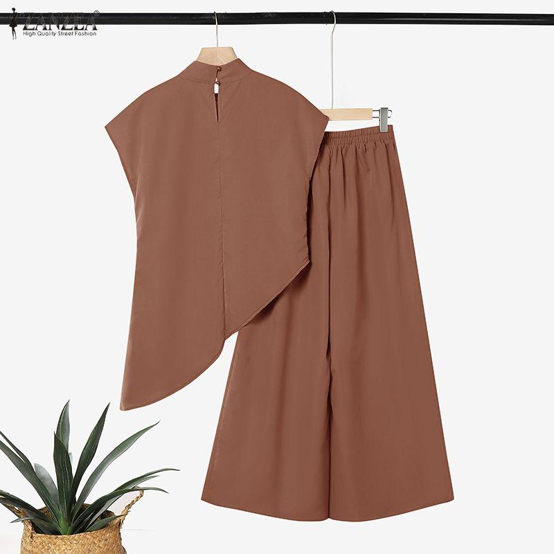 ZANZEA Women Short Sleeve Irregular Blouse and Pants Summer Two Piece Suit Sets