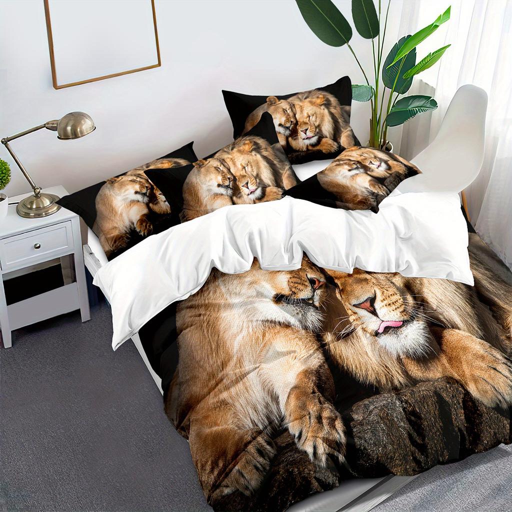 3D Lion Pattern Digital Printing Three-Piece Set Animal Duvet Cover Bed Sheet Bedding
